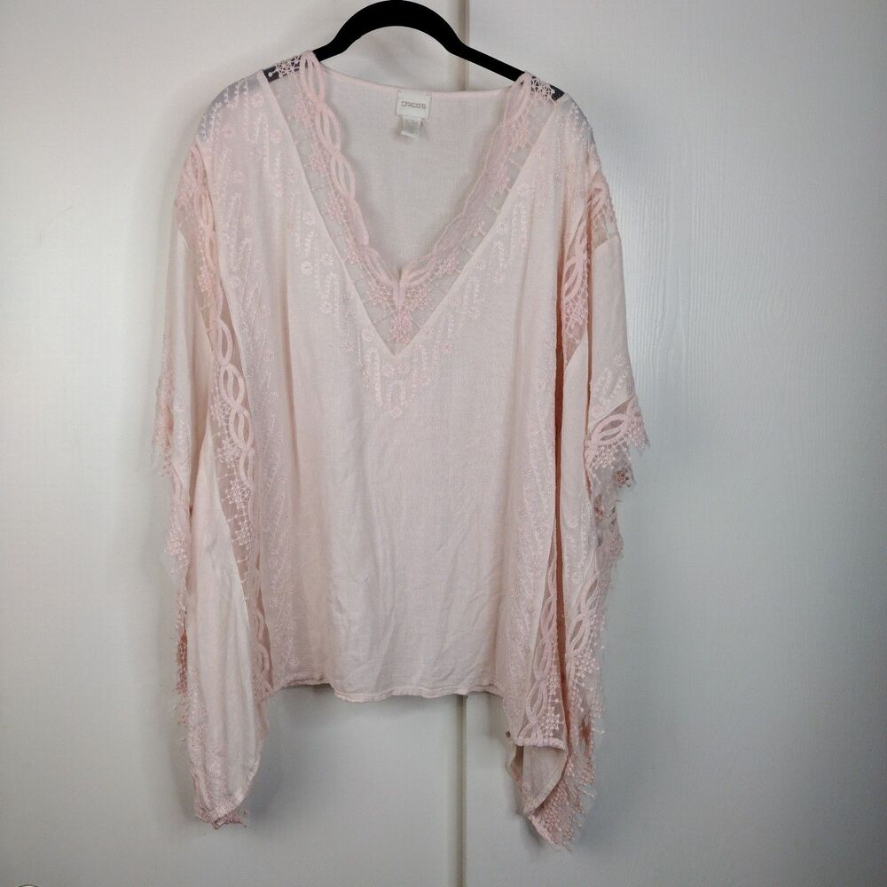 Chicos Kaftan Top Size S/M Pink V Neck Gauzy Embroidered Mesh Lightweight Boho
